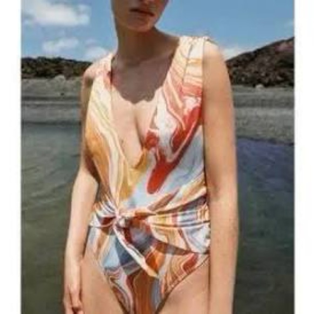 ZARA Marble One-Piece Maillot- Size M- Orange/Blue Grey/White-RARE FIND! READ!